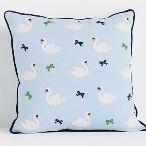 Anthropologie Pale Blue Swan Motif Decorative Pillow with Navy Piping